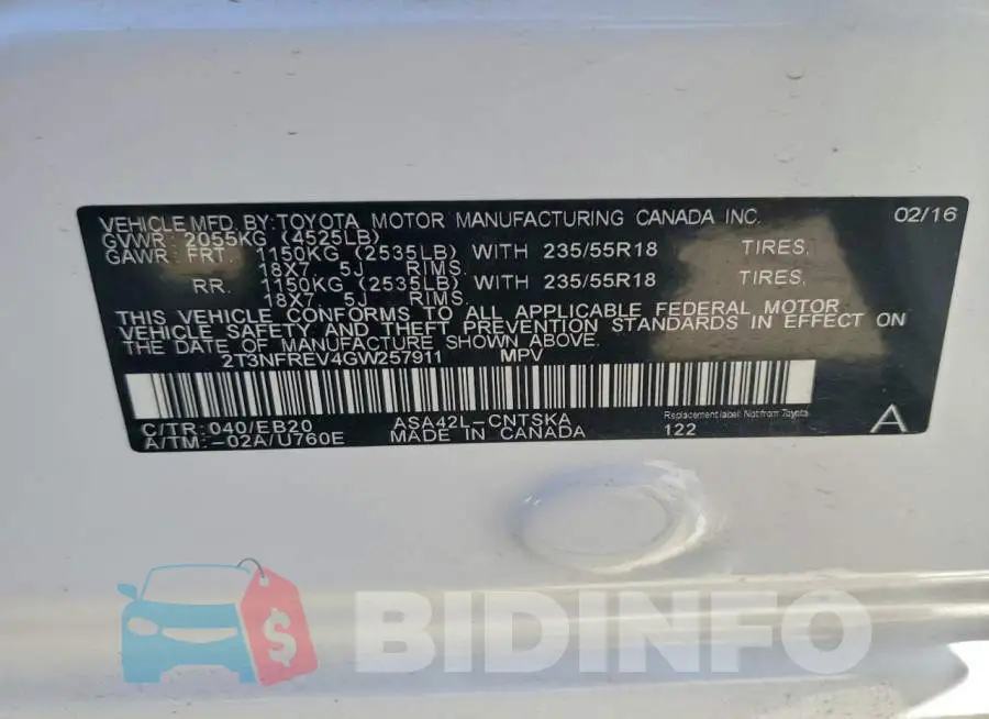 2T3NFREV4GW257911 Photo# 13