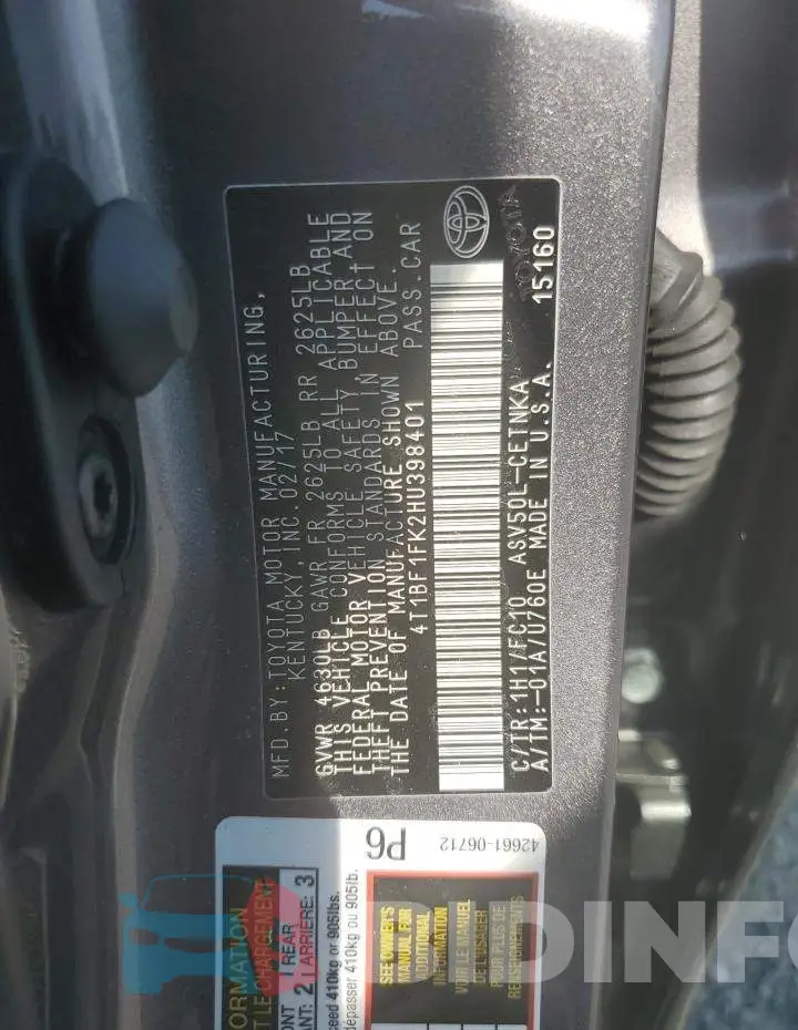 4T1BF1FK2HU398401 Photo# 12