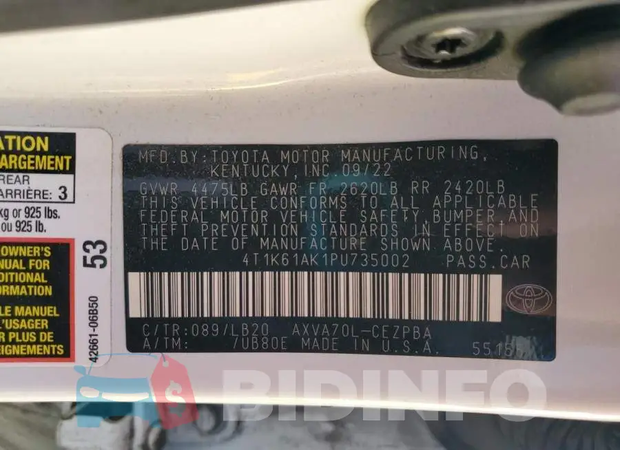 4T1K61AK1PU735002 Photo# 12