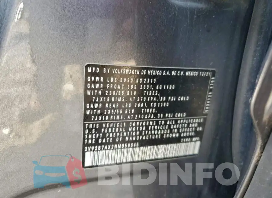 3VV2B7AX2NM059645 Photo# 14