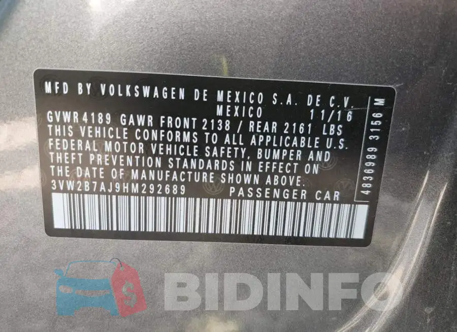 3VW2B7AJ9HM292689 Photo# 12