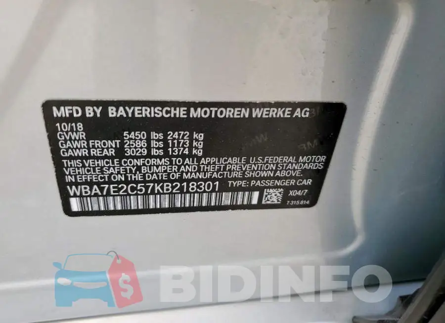 WBA7E2C57KB218301 Photo# 13
