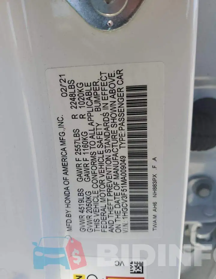 1HGCV3F51MA009049 Photo# 12
