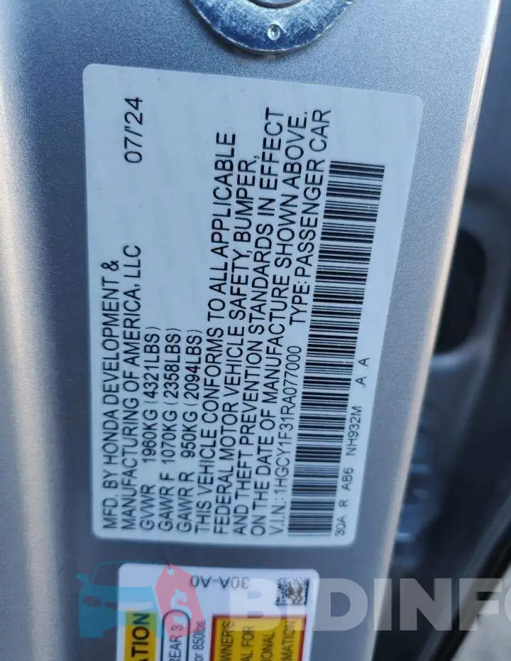 1HGCY1F31RA077000 Photo# 12