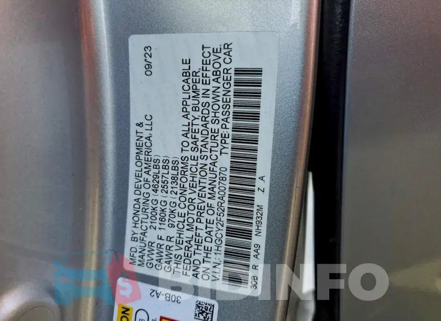1HGCY2F52RA007870 Photo# 13