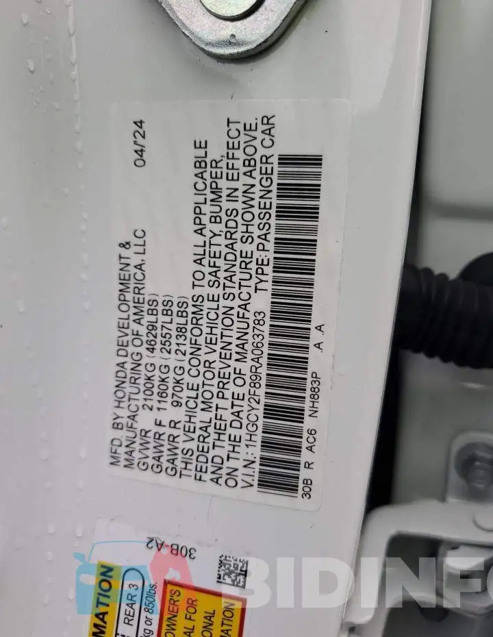 1HGCY2F89RA063783 Photo# 12