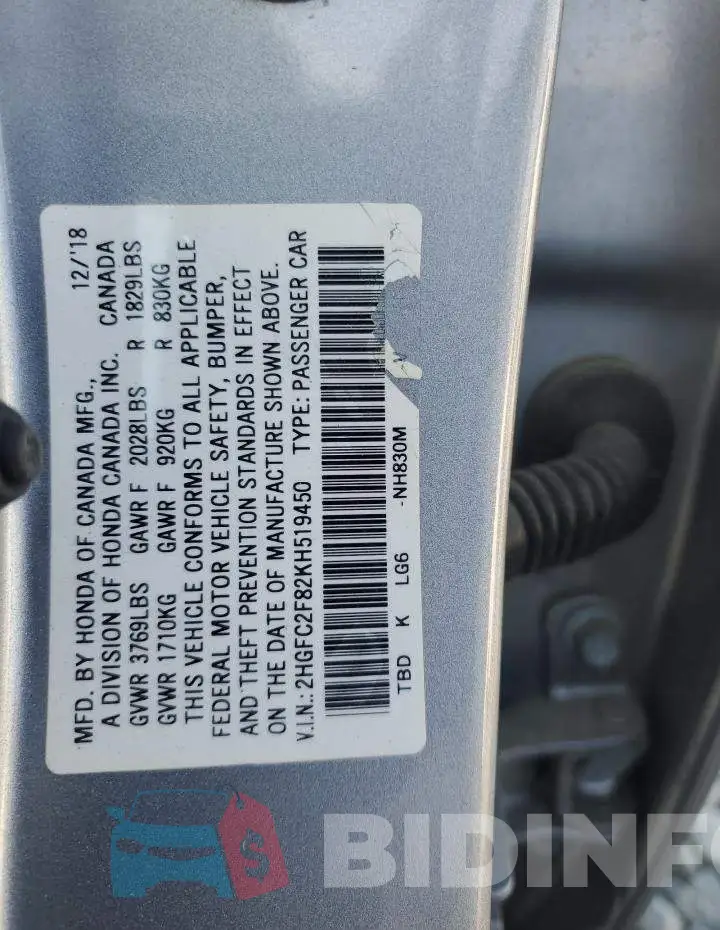 2HGFC2F82KH519450 Photo# 13