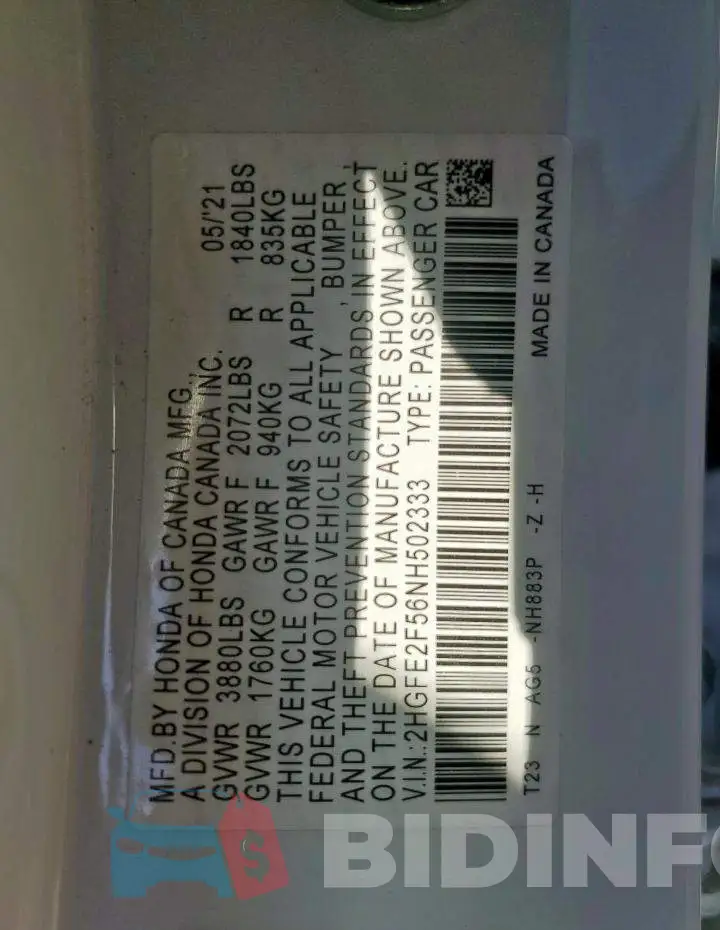 2HGFE2F56NH502333 Photo# 12