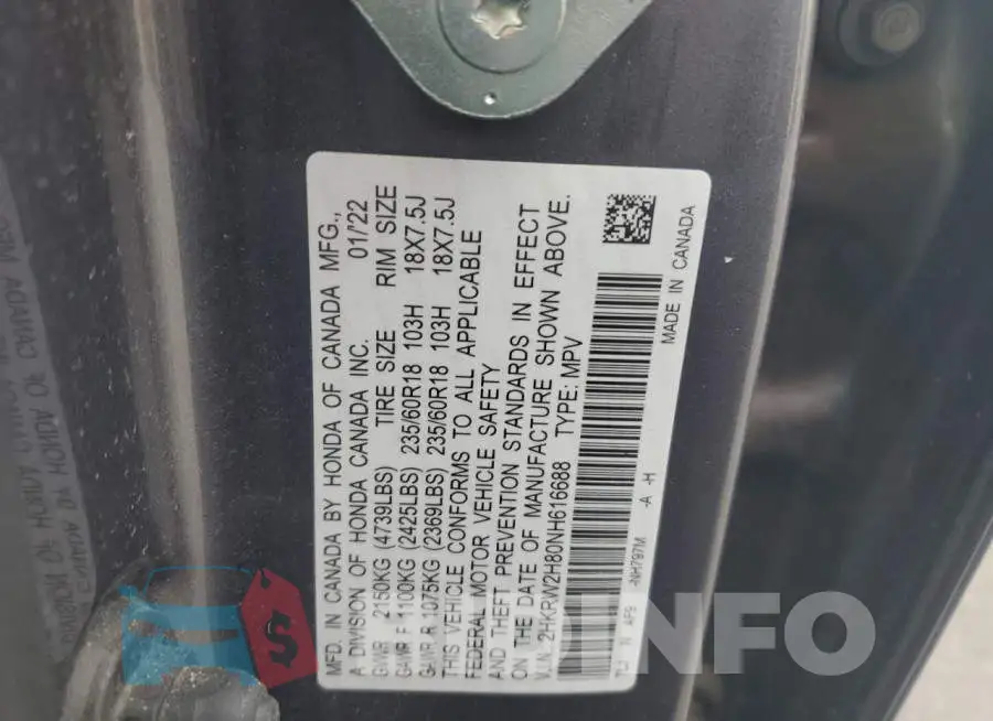 2HKRW2H80NH616688 Photo# 13