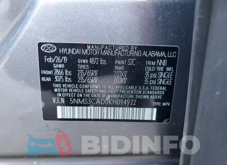 5NMS3CAD0KH094922 Photo# 13