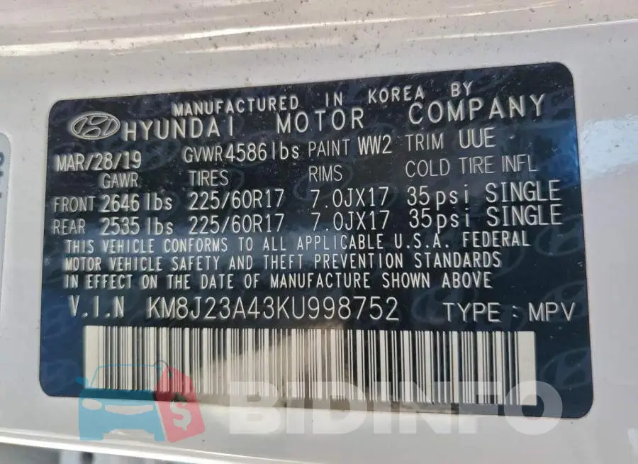 KM8J23A43KU998752 Photo# 13