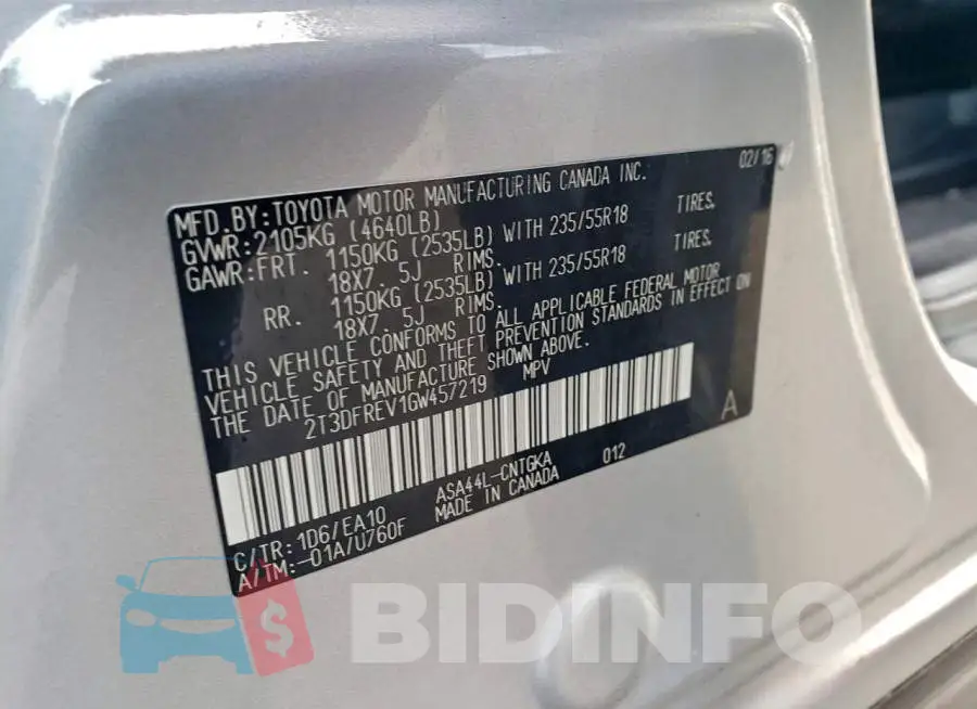 2T3DFREV1GW457219 Photo# 13
