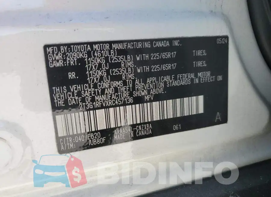 2T3G1RFVXRC457136 Photo# 13