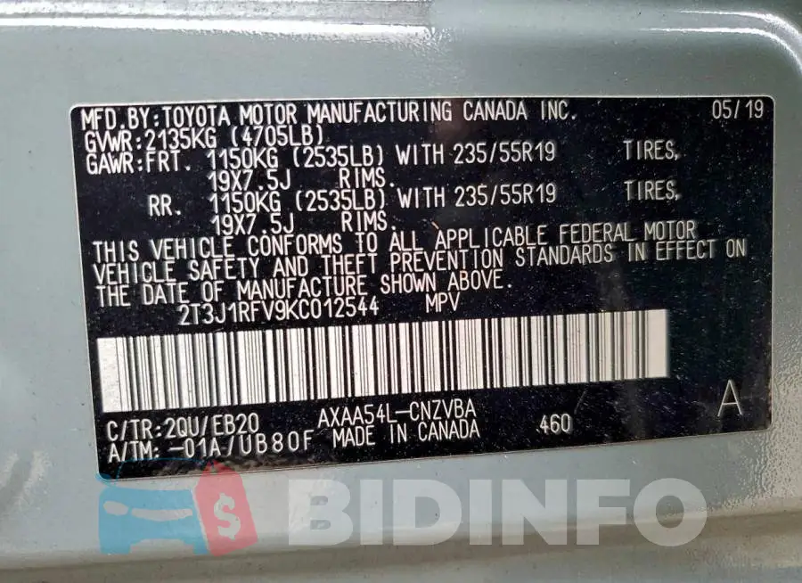 2T3J1RFV9KC012544 Photo# 14