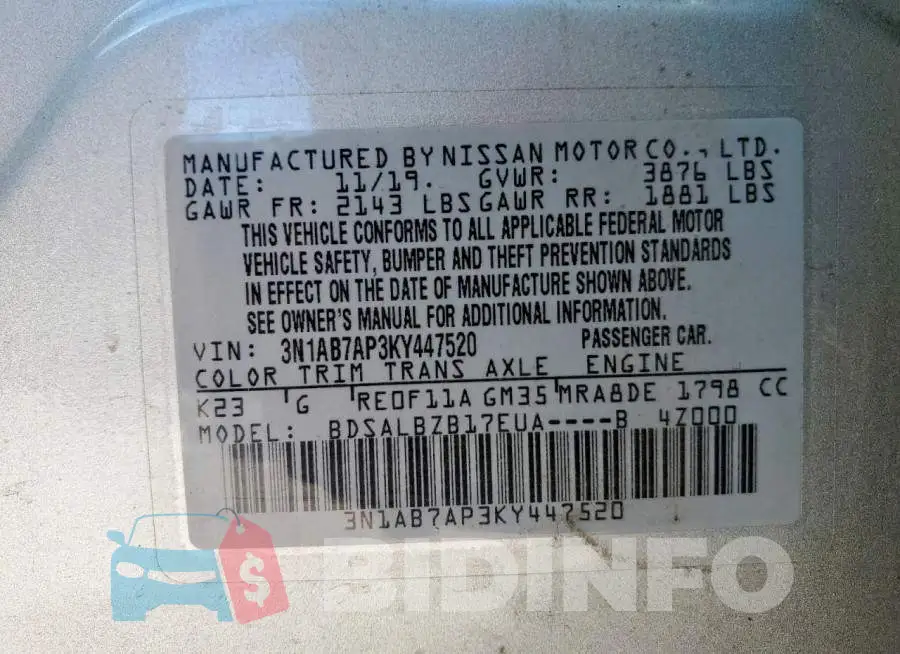 3N1AB7AP3KY447520 Photo# 12
