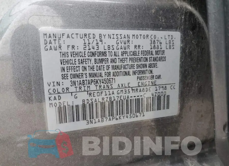 3N1AB7AP6KY450671 Photo# 13