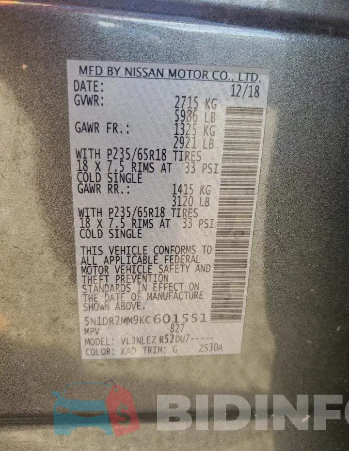 5N1DR2MM9KC601551 Photo# 13