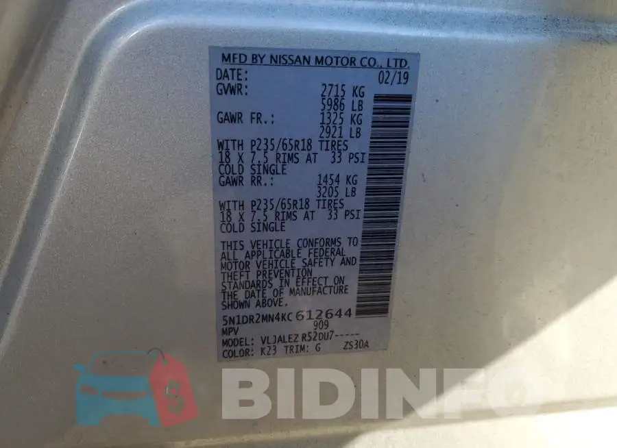 5N1DR2MN4KC612644 Photo# 13