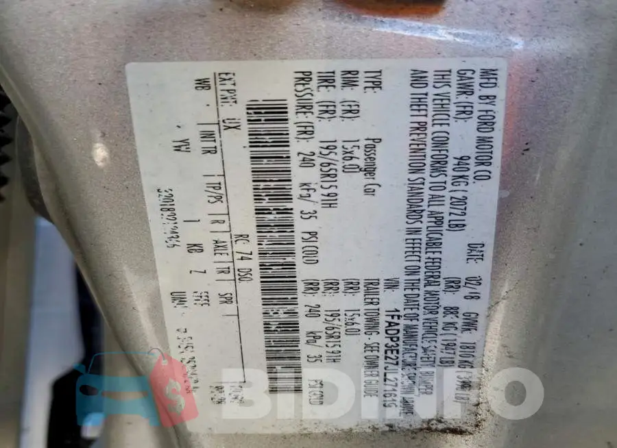 1FADP3E27JL271619 Photo# 12