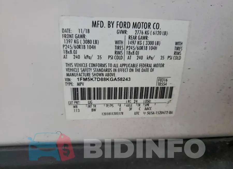 1FM5K7D88KGA58243 Photo# 14