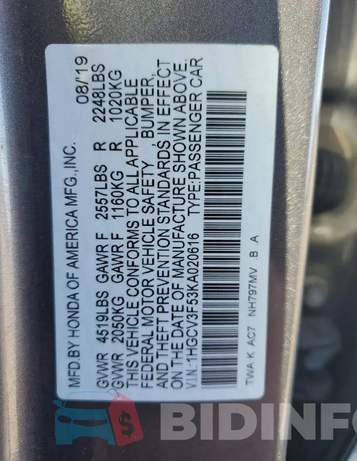 1HGCV3F53KA020616 Photo# 12