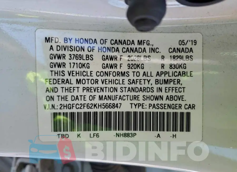 2HGFC2F62KH566847 Photo# 12