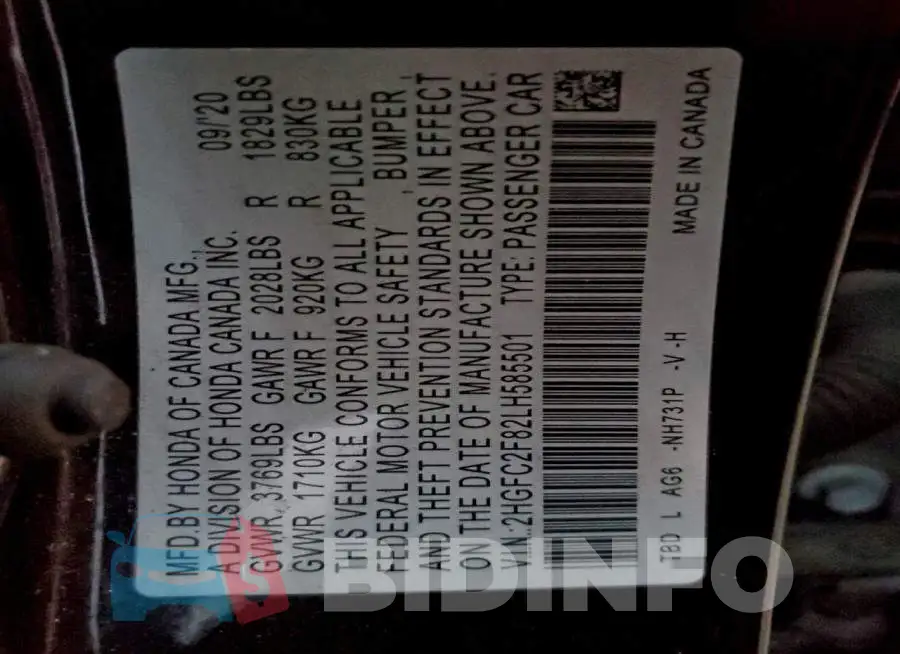 2HGFC2F82LH585501 Photo# 12