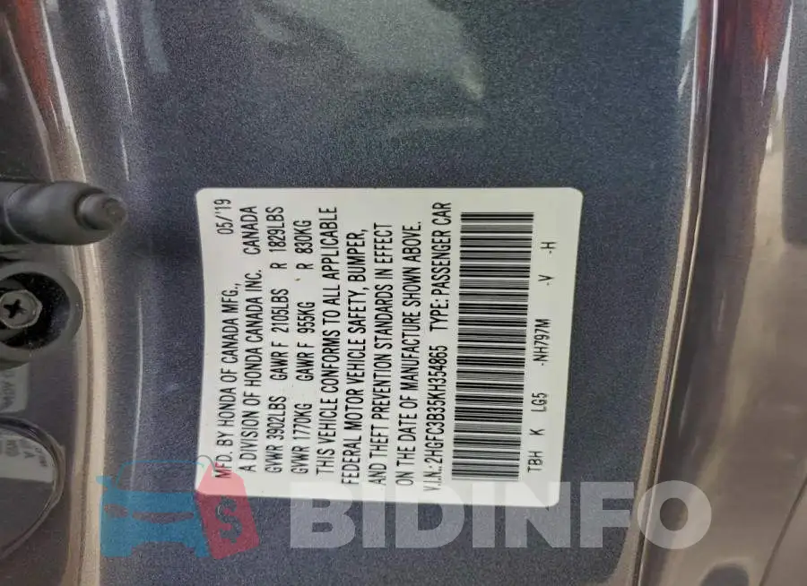 2HGFC3B35KH354865 Photo# 12