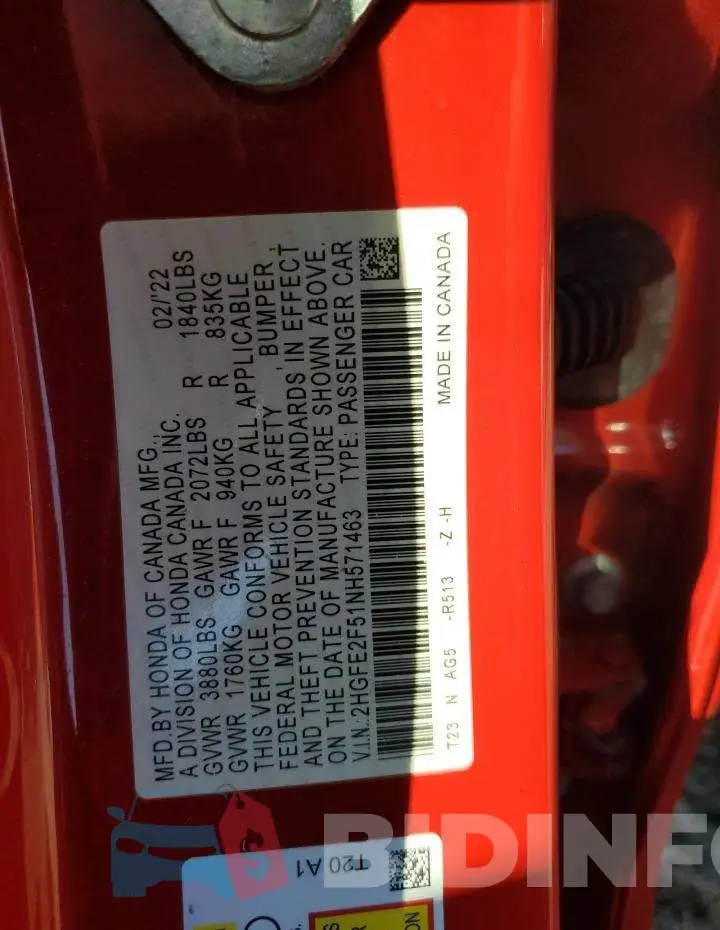 2HGFE2F51NH571463 Photo# 12