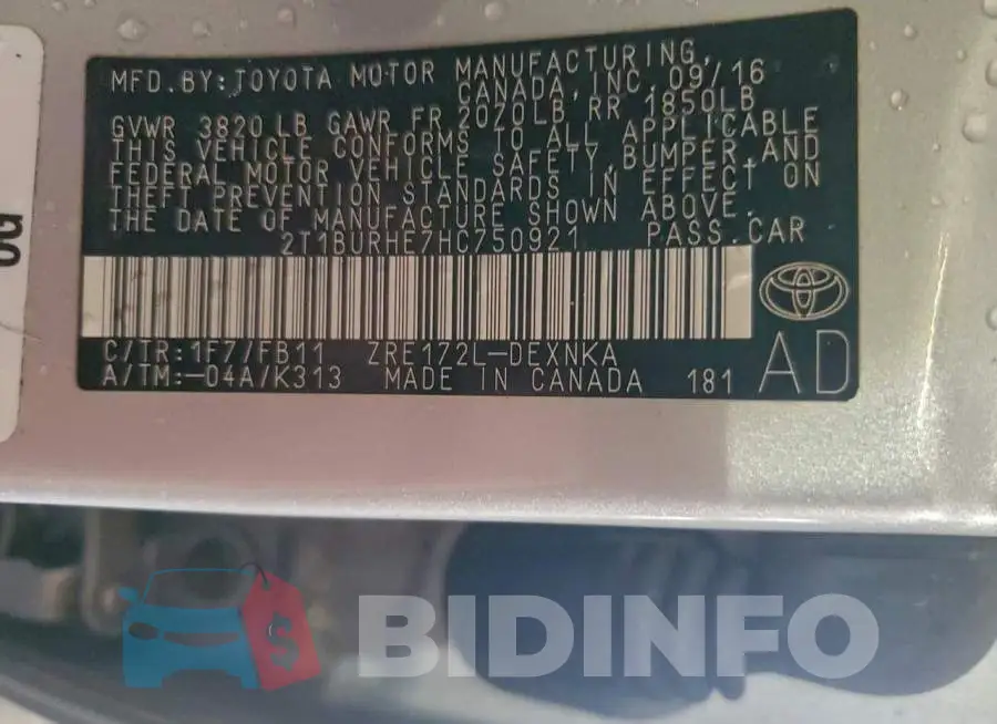 2T1BURHE7HC750921 Photo# 12
