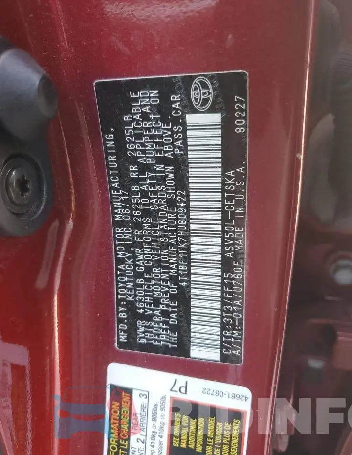 4T1BF1FK7HU809422 Photo# 12