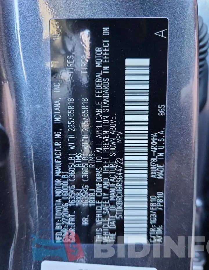 5TDKBRCH8RS644722 Photo# 13