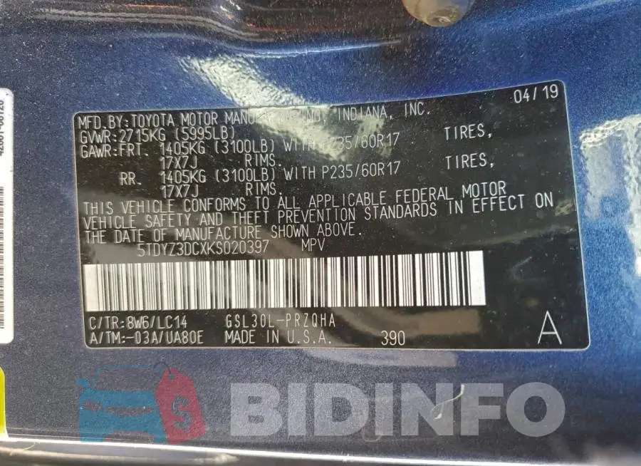 5TDYZ3DCXKS020397 Photo# 14