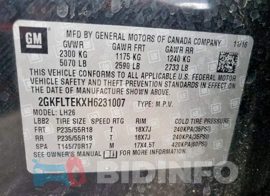 2GKFLTEKXH6231007 Photo# 14