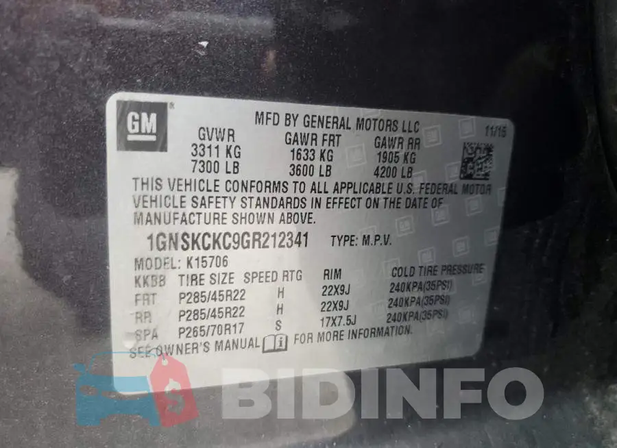 1GNSKCKC9GR212341 Photo# 13