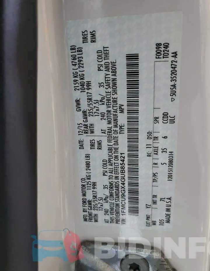 1FMCU9GX4GUB85421 Photo# 13