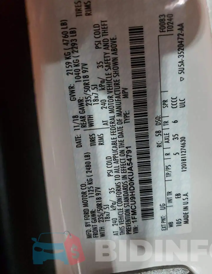 1FMCU9HD0KUA54791 Photo# 13