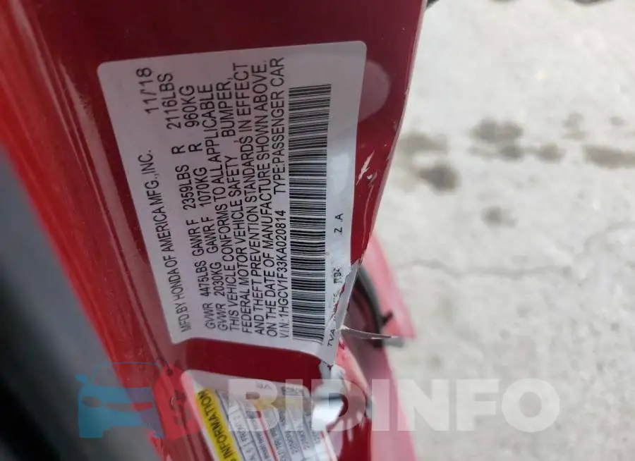 1HGCV1F33KA020814 Photo# 12