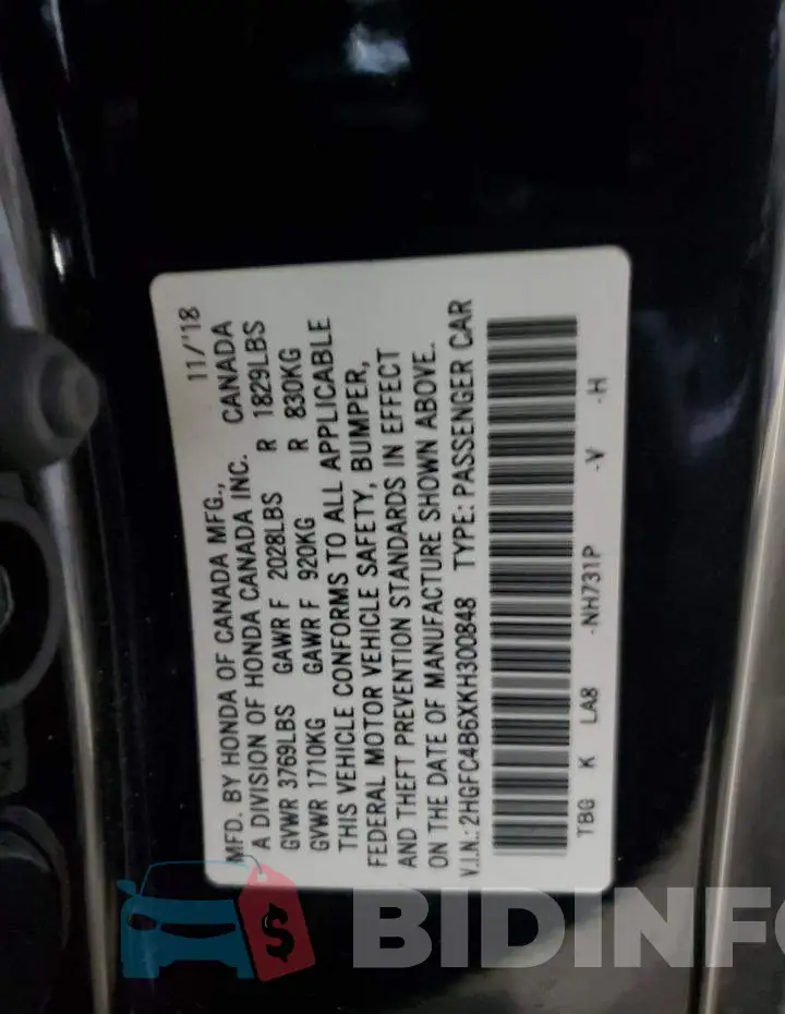 2HGFC4B6XKH300848 Photo# 12