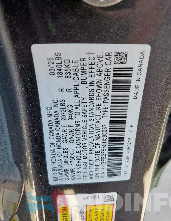 2HGFE2F55SH585037 Photo# 12