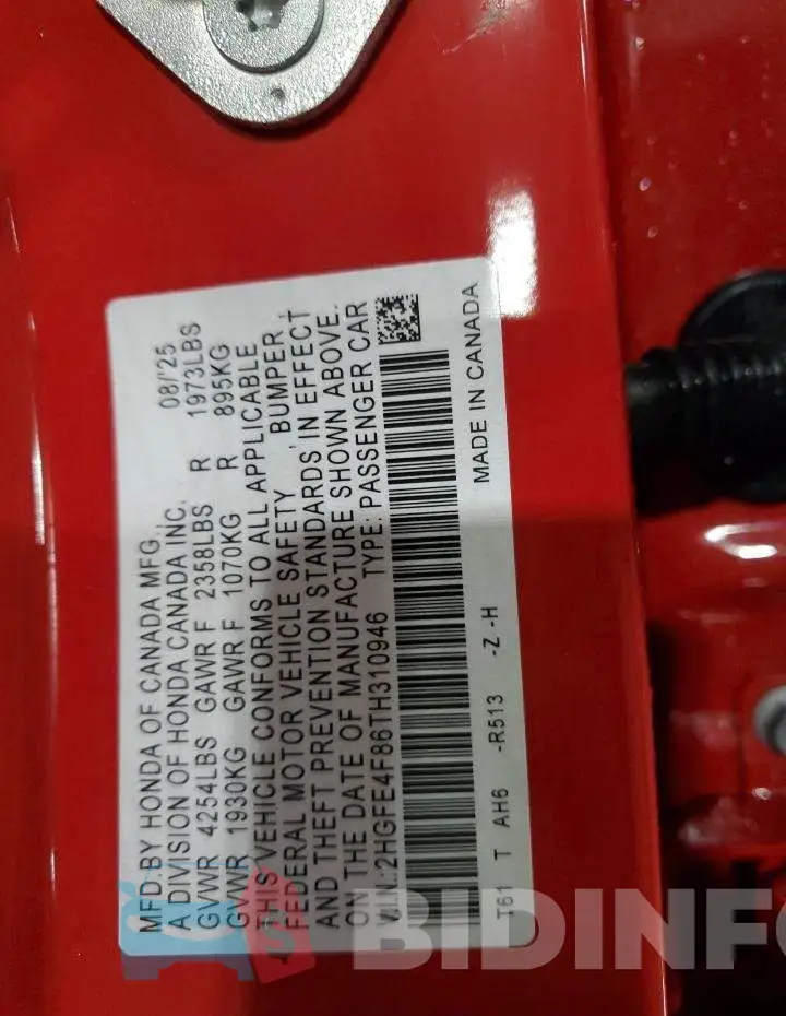 2HGFE4F86TH310946 Photo# 12