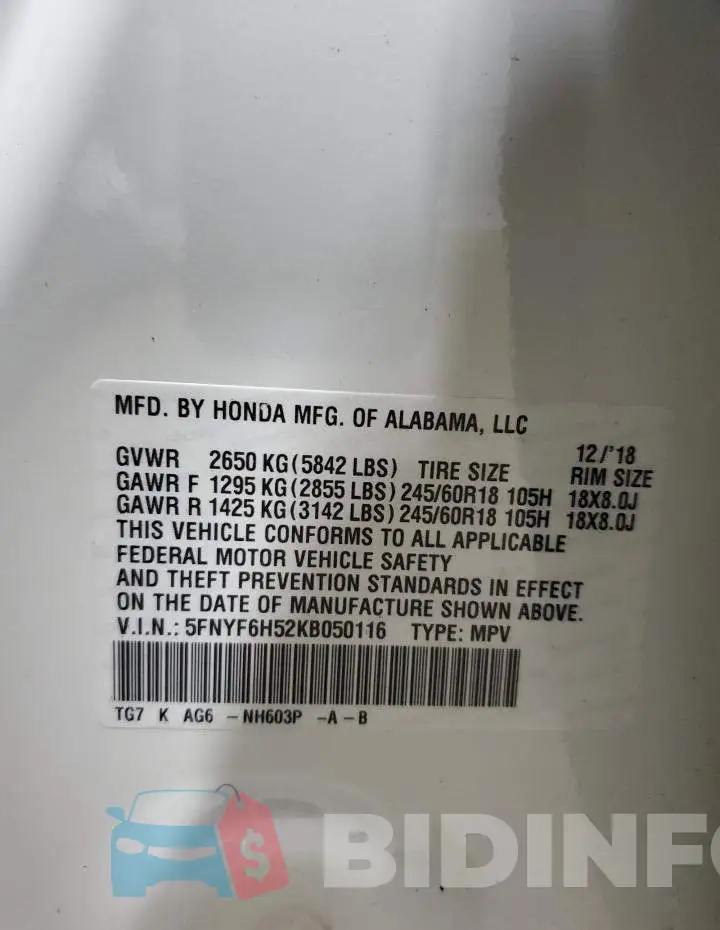 5FNYF6H52KB050116 Photo# 13