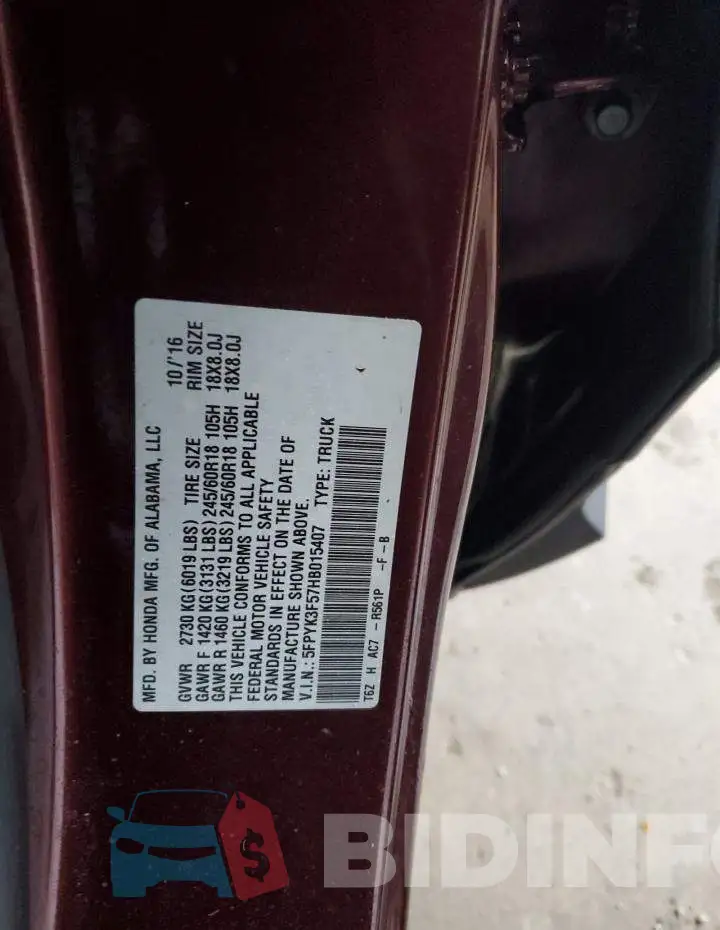 5FPYK3F57HB015407 Photo# 12