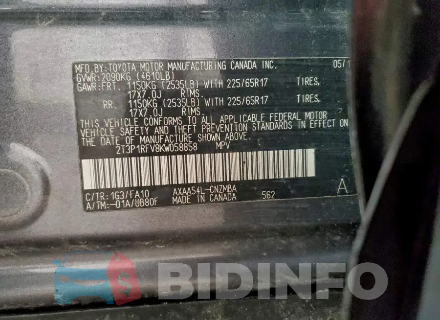 2T3P1RFV8KW058858 Photo# 13