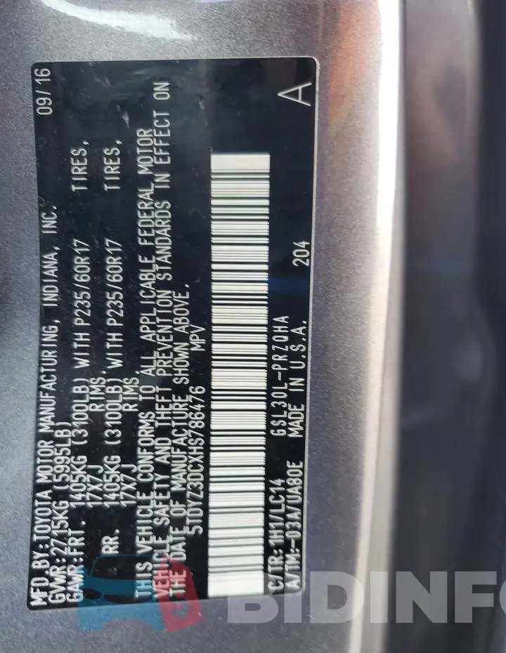 5TDYZ3DCXHS786476 Photo# 12