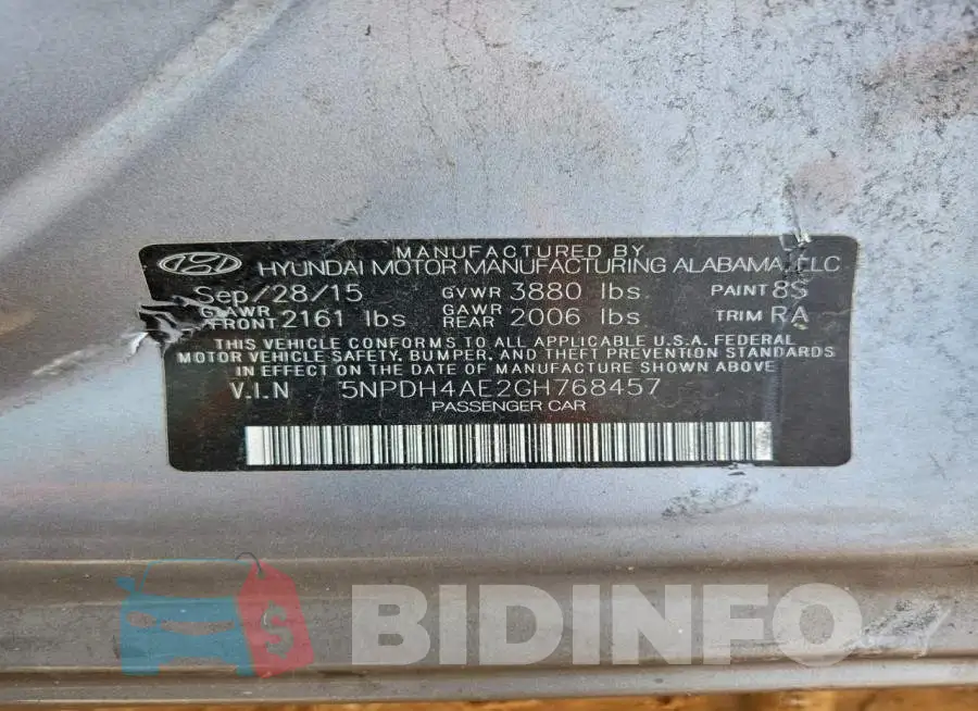 5NPDH4AE2GH768457 Photo# 12