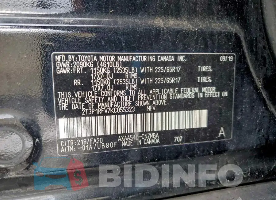 2T3P1RFV7KC055323 Photo# 13
