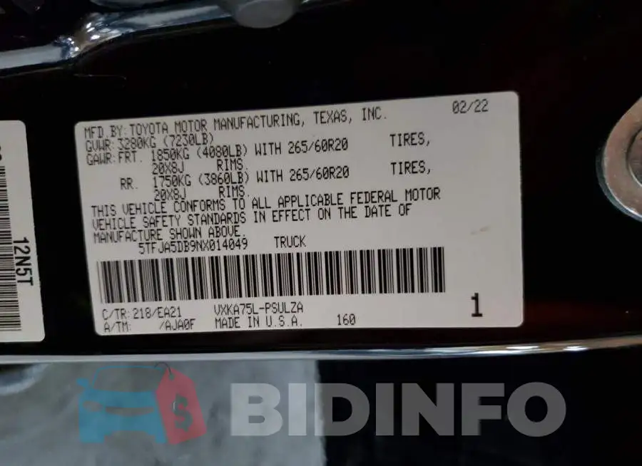 5TFJA5DB9NX014049 Photo# 12