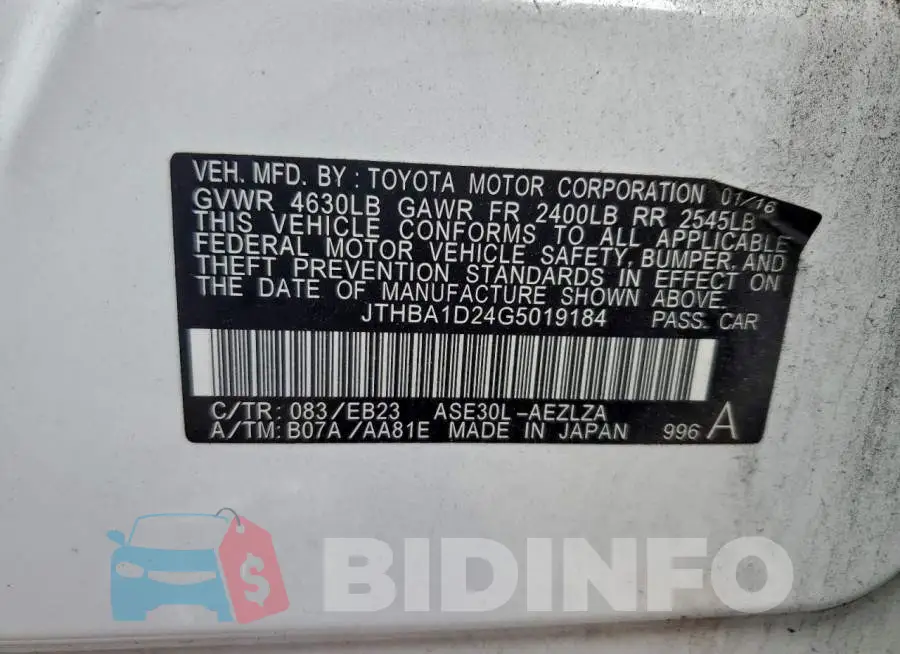 JTHBA1D24G5019184 Photo# 12