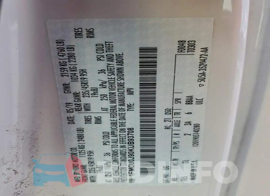 1FMCU0J90KUB93708 Photo# 14